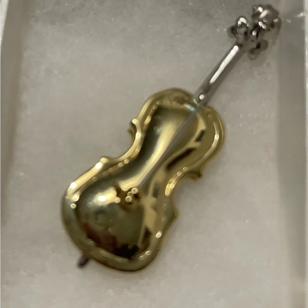 Vintage Gold and Silver Violin Brooch with Crystal Accents - Picture 3 of 3